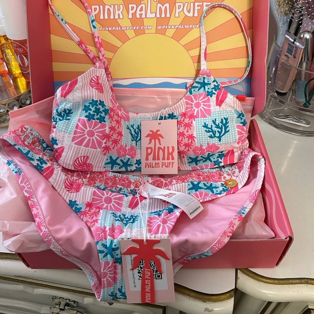 Pink Palm Puff Floral Bikini Set - Pink and Blue